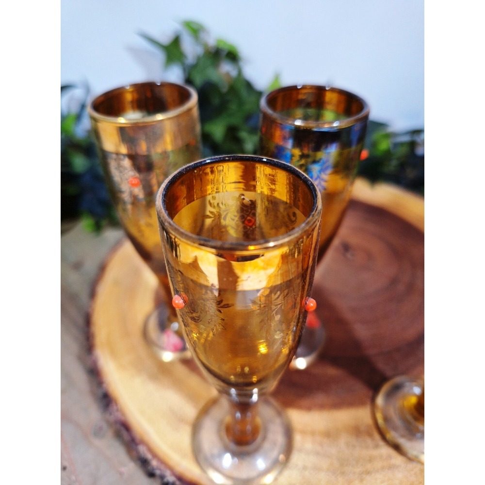 Very Rare Set of 4 Vintage Gold and Beaded Stem Cordial Liqueur glasses Carnival - Picture 10 of 10